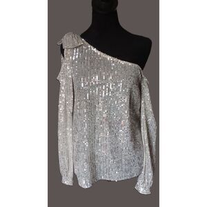 CeCe Women's S One Shoulder Silver Sequin Top With Bow Accent